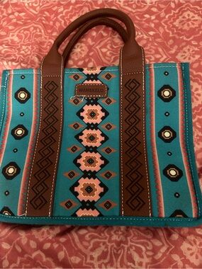 Teal Aztec Pattern Tote with Brown Handles